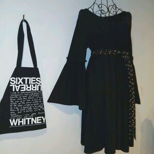 Black Bell Sleeve Shift Dress Boho Minimalist Flowy Swing Tunic Loose Fit Sz L